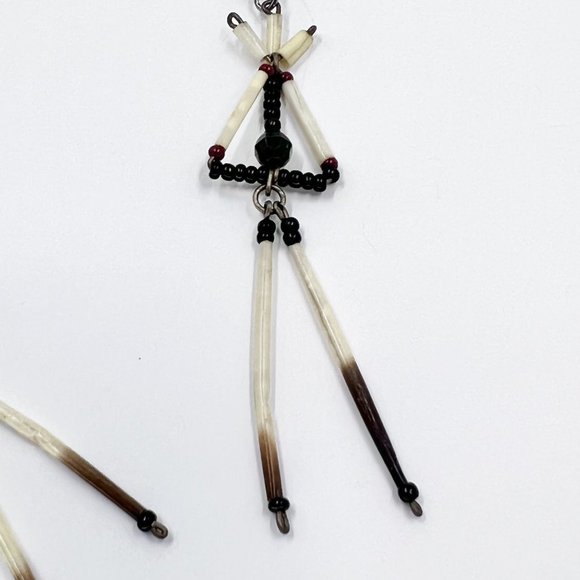 Beautiful Porcupine Quill Black & Red Beaded Silver Tone Fishhook Earrings - Picture 6 of 7